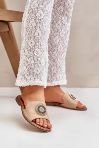 Lewski Shoes Kožené Papuče S Dekoráciou Na Plochéj Päte Béžové Lewski