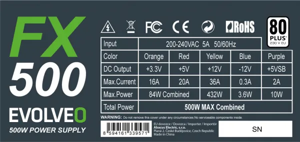 EVOLVEO FX 500 , zdroj 500W ATX, 14cm, tichý, 80+, bulk, záruka 3 roky