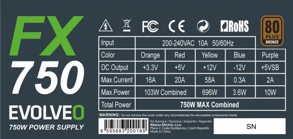 EVOLVEO FX 750 , zdroj 750W ATX, 14cm, tichý, 80+ bronze, bulk, záruka 3 roky