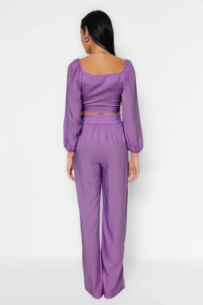 Trendyol Lilac Woven Tied Blouse Trousers Beach Set