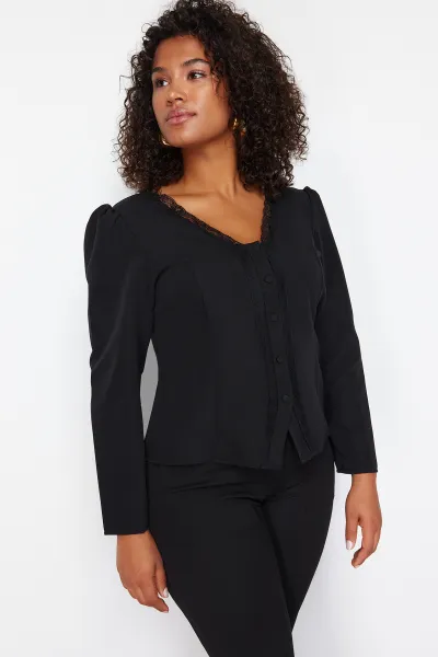 Trendyol Curve Black Lace V-Neck Buttoned Plus Size Woven Blouse