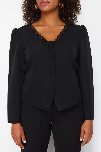 Trendyol Curve Black Lace V-Neck Buttoned Plus Size Woven Blouse