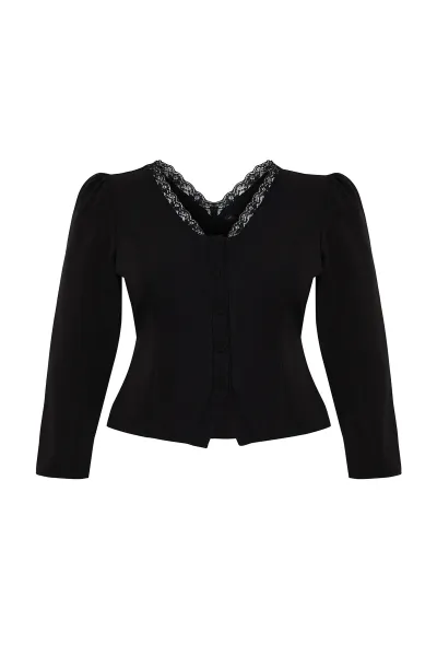 Trendyol Curve Black Lace V-Neck Buttoned Plus Size Woven Blouse