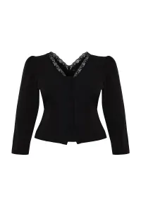 Trendyol Curve Black Lace V-Neck Buttoned Plus Size Woven Blouse