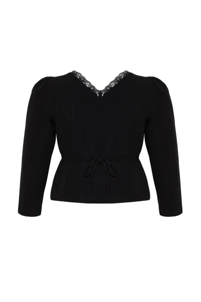 Trendyol Curve Black Lace V-Neck Buttoned Plus Size Woven Blouse