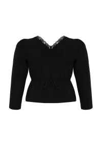 Trendyol Curve Black Lace V-Neck Buttoned Plus Size Woven Blouse