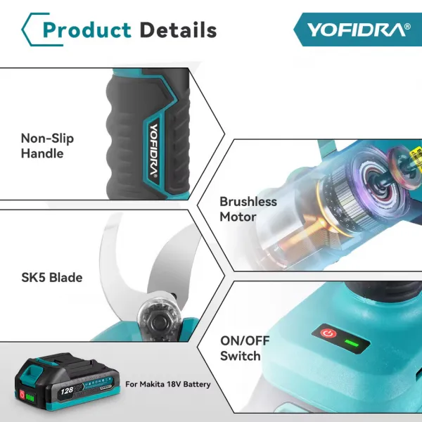 YOFIDRA bezuhlíkové elektrické záhradné nožnice 2 hrúbky strihu do 30mm + kufor, 2  batérie rezervné čeľuste v cene. Vhodné pre batériu MAKITA 18V Batéria: 2ks batéria