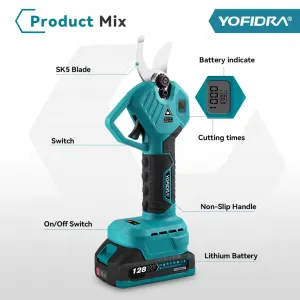 YOFIDRA bezuhlíkové elektrické záhradné nožnice 2 hrúbky strihu do 30mm + kufor, 2  batérie rezervné čeľuste v cene. Vhodné pre batériu MAKITA 18V Batéria: 2ks batéria