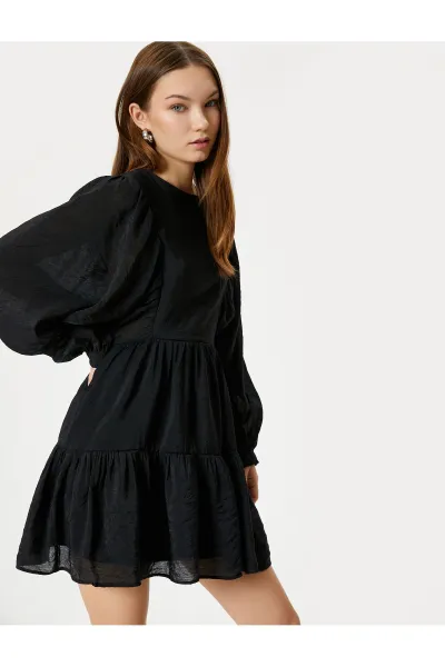 Koton Balloon Sleeve Mini Dress Long Sleeve Round Neck Lined Tiered