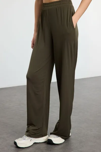 Trendyol Khaki Wide Leg/Relaxed Cut High Waist Flexible Trousers