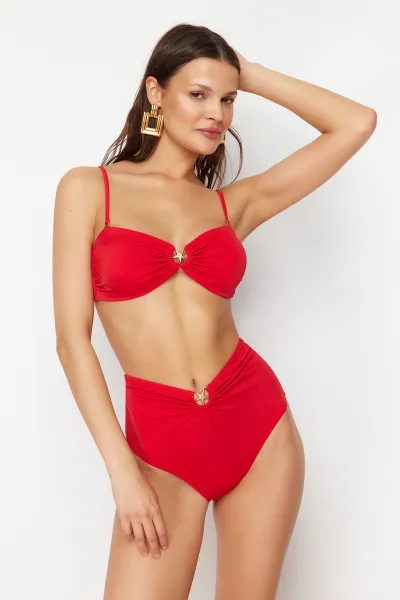 Trendyol Red Premium Accessory High Waist Hipster Bikini Bottom