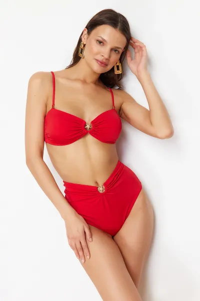 Trendyol Red Premium Accessory High Waist Hipster Bikini Bottom