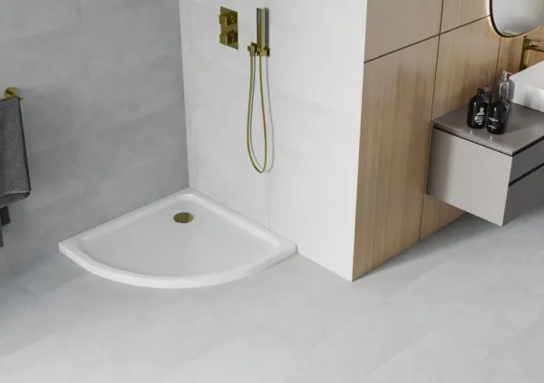 MEXEN/S - Flat sprchová vanička štvrťkruhová slim 100 x 100, biela + zlatý sifón 41101010G