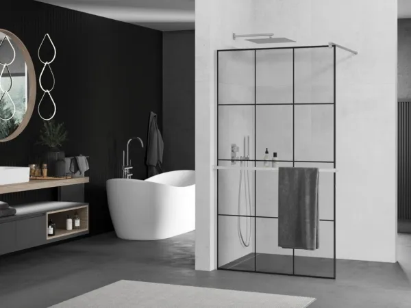 MEXEN/S - KIOTO Sprchová zástena WALK-IN s poličkou a držiakom uterákov 110 x 200, transparent/čierna 8 mm, chróm 800-110-121-01-77