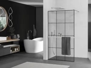 MEXEN/S - KIOTO Sprchová zástena WALK-IN s poličkou a držiakom uterákov 110 x 200, transparent/čierna 8 mm, chróm 800-110-121-01-77