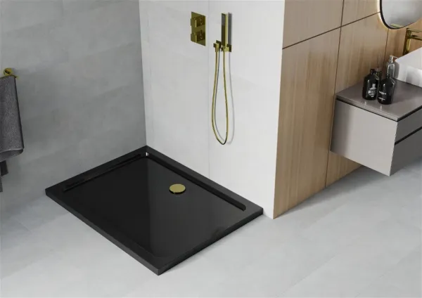 MEXEN/S - Flat sprchová vanička obdĺžniková slim 140 x 80, čierna + zlatý sifón 40708014G