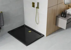 MEXEN/S - Flat sprchová vanička obdĺžniková slim 140 x 80, čierna + zlatý sifón 40708014G