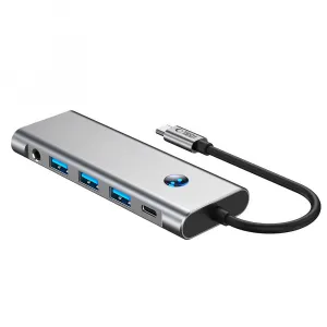 Tech-Protect HB04 HUB adaptér USB-C - 3x USB / HDMI 4K / SD / TF / USB-C 100W / AV 3.5, šedý