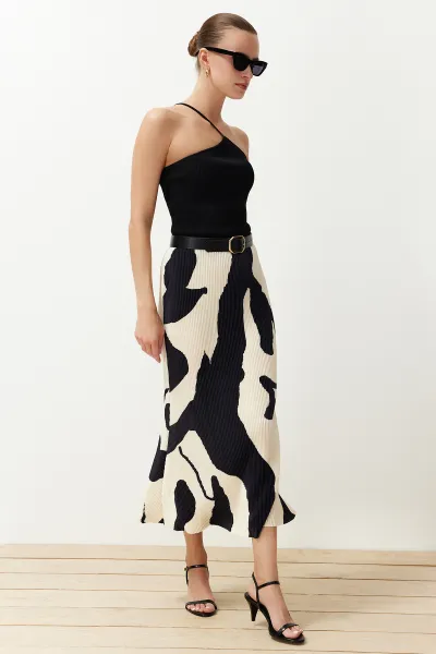 Trendyol Ecru Abstract Pleated Printed Midi Skirt