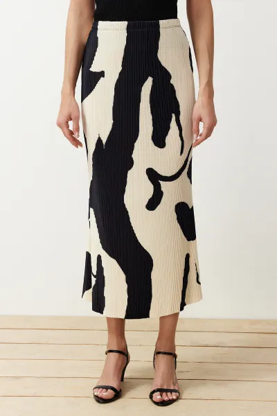 Trendyol Ecru Abstract Pleated Printed Midi Skirt