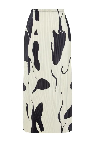 Trendyol Ecru Abstract Pleated Printed Midi Skirt