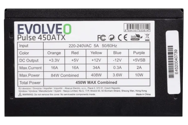 EVOLVEO zdroj 450W ATX, tichý, bulk, záruka 3 roky