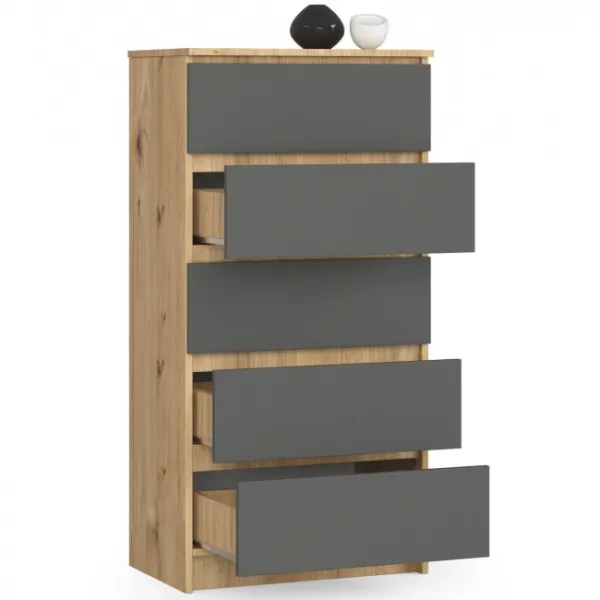 Ak furniture Komoda Kuba 60 cm - 5 zásuviek dub artisan/grafitová