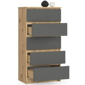 Ak furniture Komoda Kuba 60 cm - 5 zásuviek dub artisan/grafitová