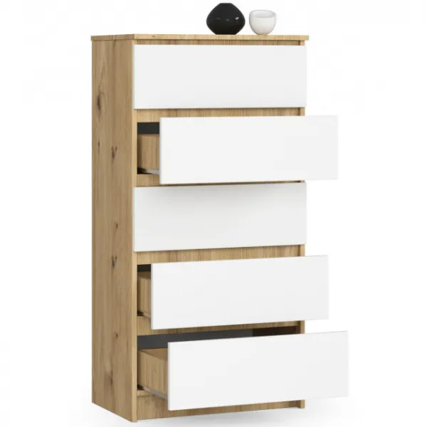 Ak furniture Komoda Kuba 60 cm - 5 zásuviek dub artisan/biela