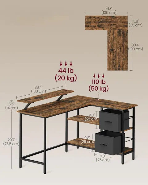 SONGMICS Rohový písací stôl Vasagle Very hnedo-čierny