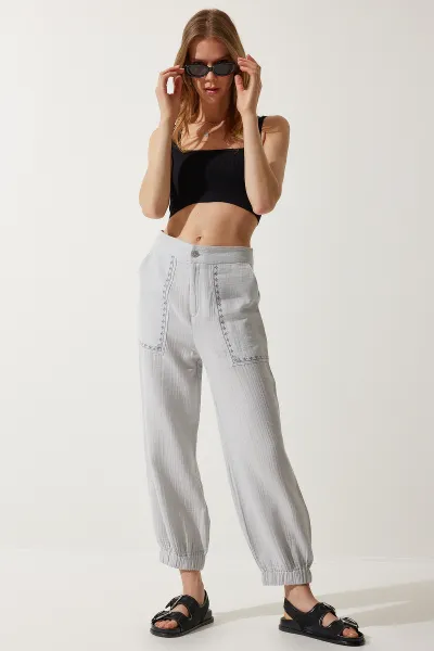 Happiness İstanbul Women's Gray Embroidery Detail Muslin Trousers