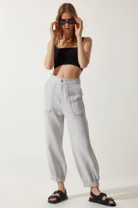 Happiness İstanbul Women's Gray Embroidery Detail Muslin Trousers