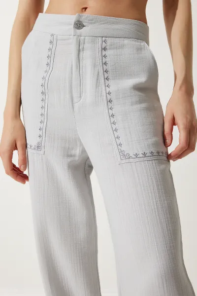 Happiness İstanbul Women's Gray Embroidery Detail Muslin Trousers