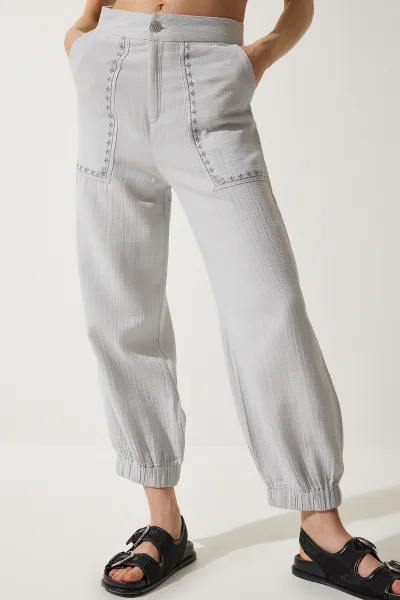 Happiness İstanbul Women's Gray Embroidery Detail Muslin Trousers