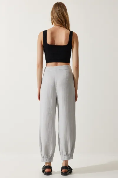 Happiness İstanbul Women's Gray Embroidery Detail Muslin Trousers