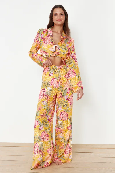 Trendyol Floral Patterned Woven Shirt Trousers Beach Set