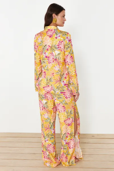 Trendyol Floral Patterned Woven Shirt Trousers Beach Set