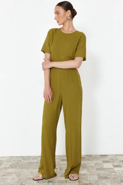 Trendyol Khaki Patterned Viscose Maxi Woven Jumpsuit