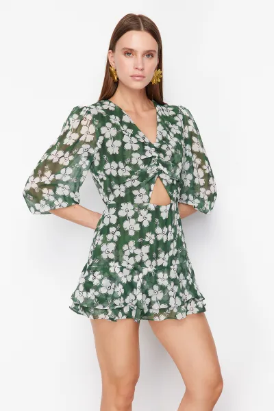 Trendyol Green Floral Patterned Cut Out Detailed Mini Lined Chiffon Woven Jumpsuit