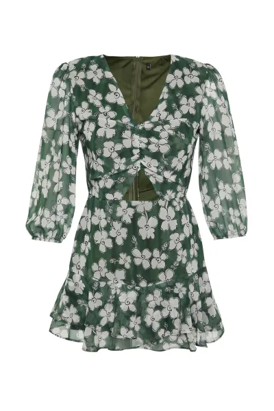 Trendyol Green Floral Patterned Cut Out Detailed Mini Lined Chiffon Woven Jumpsuit