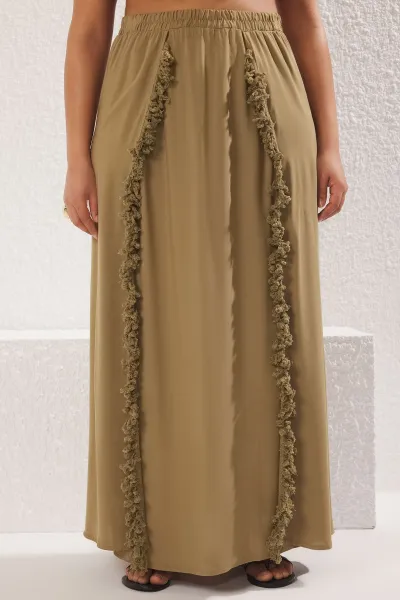 Trendyol Curve Khaki Tassel Detailed Beachwear Plus Size Skirt