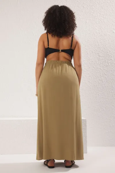 Trendyol Curve Khaki Tassel Detailed Beachwear Plus Size Skirt