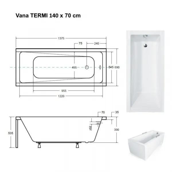 BESCO - Obdĺžniková vaňa TERME - Rozmer vane - 140 × 70 cm OLVTER14 + OLVPINOZ