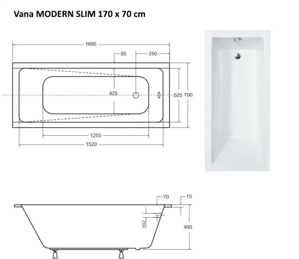 BESCO - Obdĺžniková vaňa MODERN SLIM - Nožičky k vani - Bez nožičiek, Rozmer vane - 170 × 70 cm VANMOD17SLIM
