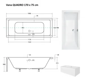 BESCO - Obdĺžniková vaňa QUADRO - Nožičky k vani - Bez nožičiek, Rozmer vane - 170 × 75 cm VANQAUD170