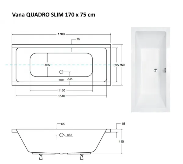 BESCO - Obdĺžniková vaňa QUADRO SLIM - Nožičky k vani - S nožičkami, Rozmer vane - 170 × 75 cm VANQAUD170SLIM + OLVPINOZ