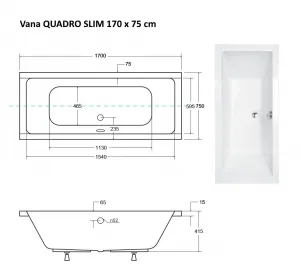 BESCO - Obdĺžniková vaňa QUADRO SLIM - Nožičky k vani - S nožičkami, Rozmer vane - 170 × 75 cm VANQAUD170SLIM + OLVPINOZ