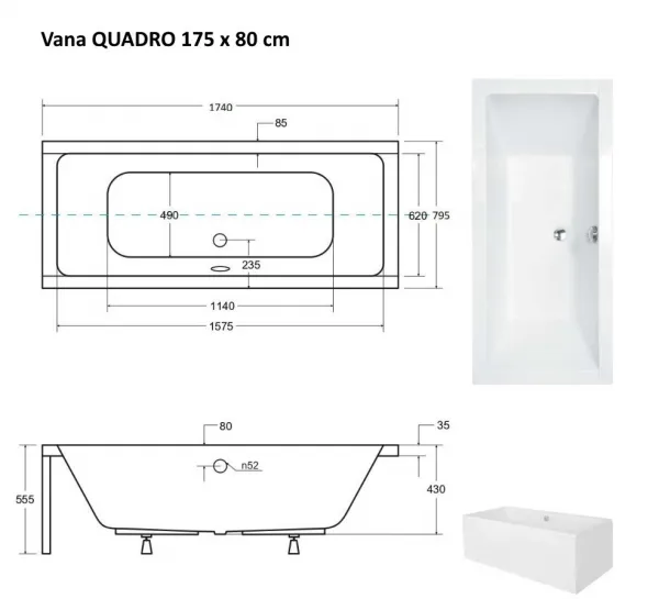 BESCO - Obdĺžniková vaňa QUADRO - Nožičky k vani - S nožičkami, Rozmer vane - 175 × 80 cm VANQAUD175 + OLVPINOZ