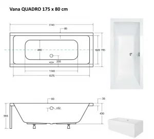 BESCO - Obdĺžniková vaňa QUADRO - Nožičky k vani - S nožičkami, Rozmer vane - 175 × 80 cm VANQAUD175 + OLVPINOZ