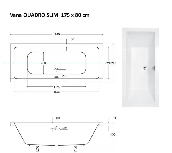 BESCO - Obdĺžniková vaňa QUADRO SLIM - Nožičky k vani - S nožičkami, Rozmer vane - 175 × 80 cm VANQAUD175SLIM + OLVPINOZ